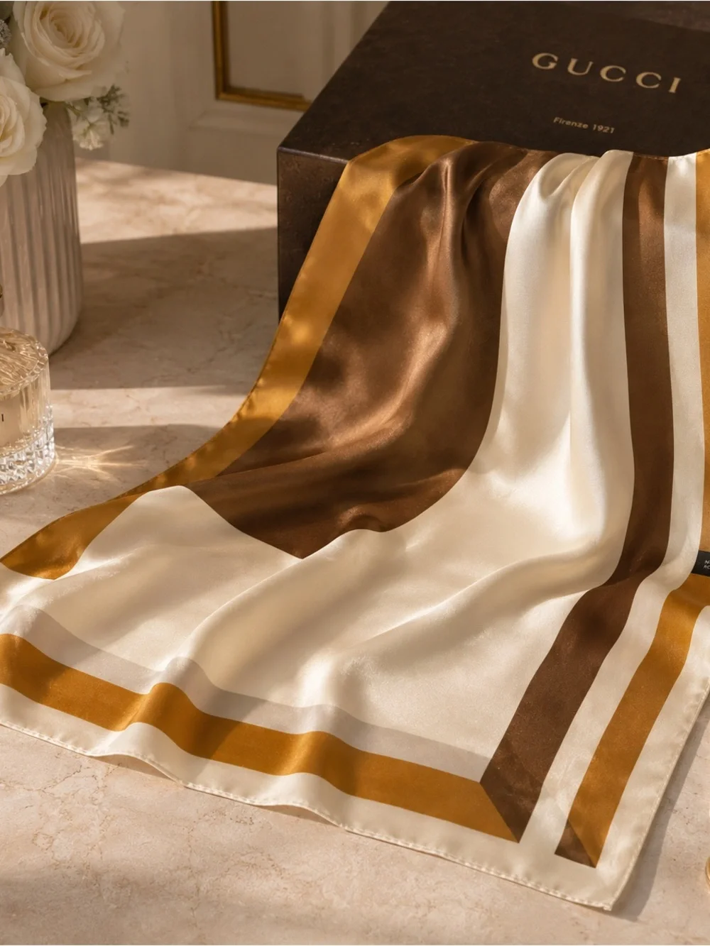 Geometric Silk Scarf in Cream and Caramel
